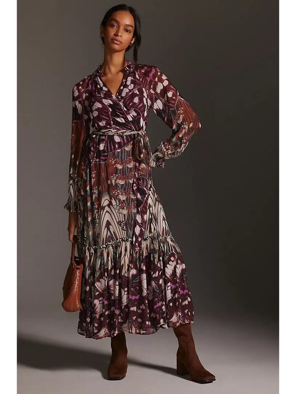 New By Anthropologie Long-Sleeve Wrap Midi Dress Size S